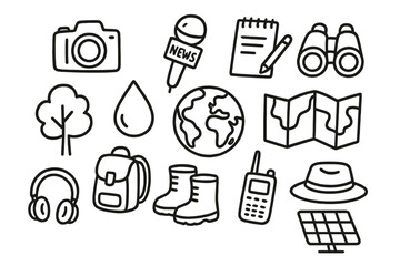 Environmental Reporting Tools. Hand-drawn doodle illustration Environmental reporting camera, microphone, notepad, binoculars,