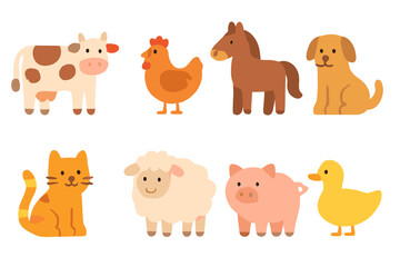 Fototapeta premium Cute Village Animals. Flat vector mini-illustrations village animals in colors children's illustrations: cows, chickens, horses,