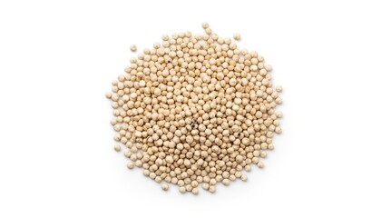 A close-up top-down view of a small pile of dry, uncooked quinoa grains on a white background, showcasing their tiny, round shape and light beige color.