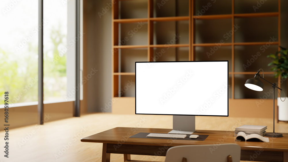 Aufkleber 3d rendered modern workspace with desktop computer and desk lamp on wooden table in minimalist offic