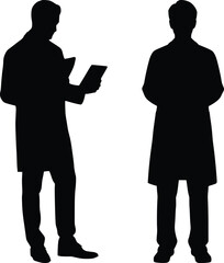 Two Doctors Silhouette with One Reading Medical Records and the Other Facing Forward Healthcare Professionals Illustration