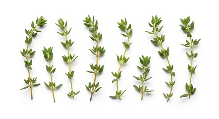 Fresh green thyme sprigs arranged on a clean white background, showcasing their delicate leaves and stems for culinary use.