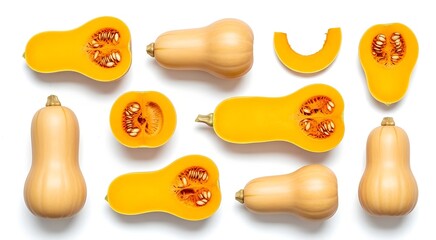 Top-down view of whole and halved butternut squashes arranged on a clean white background, showcasing their vibrant orange flesh and seeds.