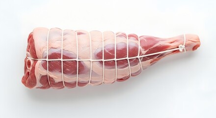 Raw boneless leg of lamb roast tied with butcher's twine on a white background.