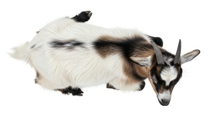 A small, young goat with white, black, and brown fur lying down on a white background, looking towards the ground.
