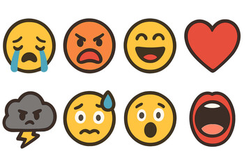 Obraz premium Expressive Emotion Icons. Flat vector mini-illustrations emotional intensity in colors children's illustrations: crying face,