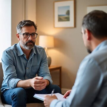 A man sitting in a therapy room talking to a counselor, professional, empathetic, and comfortable environment.