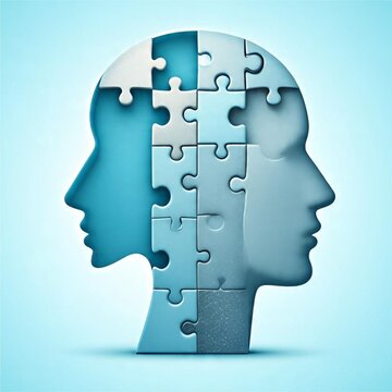 Illustration of a human head as a puzzle, with several pieces neatly arranged, symbolizing mental health recovery.