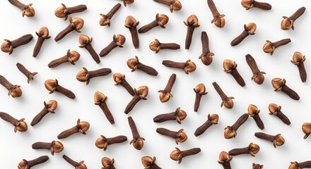 Many dried brown cloves scattered randomly on a clean white background, viewed from directly above.