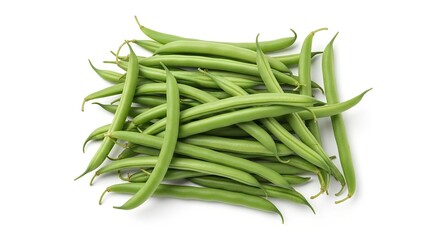 A top-down view of a fresh pile of vibrant green beans, also known as string beans, neatly arranged on a clean white background, ready for cooking or consumption.