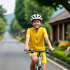 Naklejka premium A teenager riding a bicycle on a countryside road surrounded by greenery, joyful expression, symbolizing healthy activity for the mind