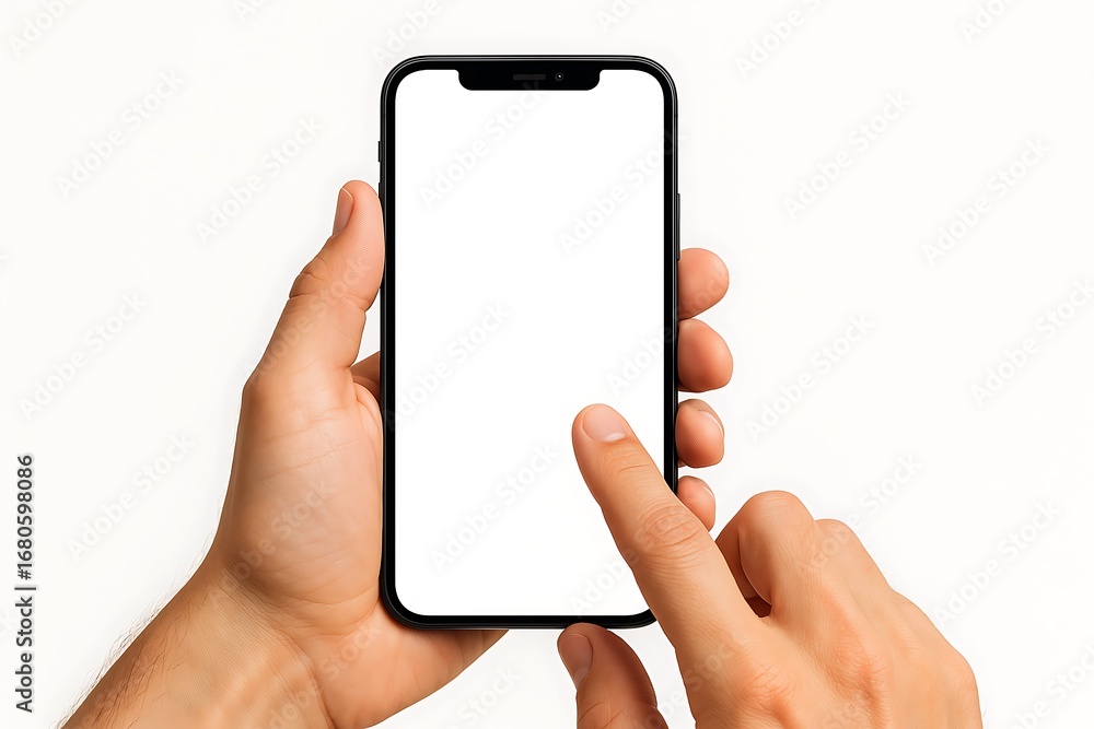Fototapete closeup hand holding smartphone with empty white screen showing application mockup modern mobile tec