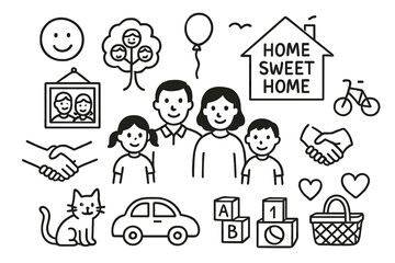 Family Home Icons. Hand-drawn doodle illustration nuclear family home sweet home house, parents, children, pet cat, car, bicycle,
