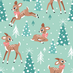 Obraz premium Seamless vector pattern with cute deer, snowy Christmas trees and snowflakes. Hand drawn vintage fawn. Perfect for textile, wallpaper or nursery print design.