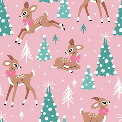 Seamless vector pattern with cute deer, snowy Christmas trees and snowflakes. Hand drawn vintage fawn. Perfect for textile, wallpaper or nursery print design.