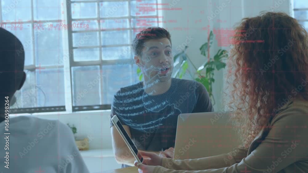 Aufkleber animation of data processing over diverse business people using tablet
