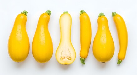 Six vibrant yellow summer squash, one cut open, arranged neatly on a clean white studio background from a top-down perspective.