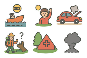 Fototapeta premium Children's SOS Scenarios. Flat vector mini-illustrations SOS emergency scenes in colors children's illustrations: stranded boat,