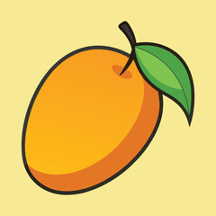A cartoon stylized orange mango fruit with a leaf on a light background