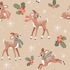 Seamless vector pattern with cute deer, pine trees, berries and snowflakes. Hand drawn vintage Christmas fawn. Perfect for textile, wallpaper or nursery print design.