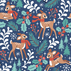 Naklejka premium Seamless vector pattern with cute deer, pine trees, berries and snowflakes. Hand drawn vintage Christmas fawn. Perfect for textile, wallpaper or nursery print design.
