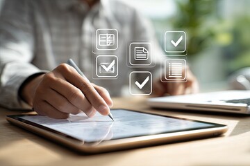Close-up of person using tablet with task management icons overlay