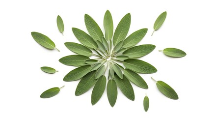 Fresh green sage leaves arranged in a decorative circular pattern on a clean white background.
