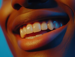Close-up of radiant smile revealing white teeth on person with dark skin under soft blue and orange lighting