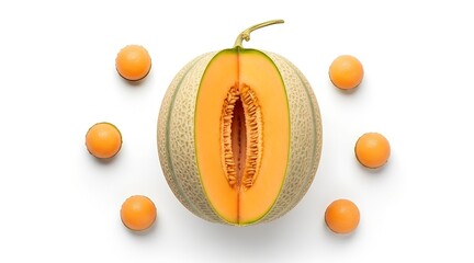 A vibrant cantaloupe melon, sliced open to reveal its juicy orange interior and seeds, surrounded by six small round orange fruits on a clean white background.