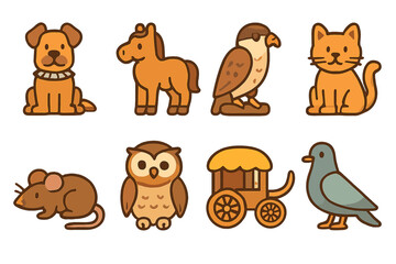 Fototapeta premium Citadel Animal Icons. Flat vector mini-illustrations citadel animals in colors children's illustrations: guard dog, horse, falcon,