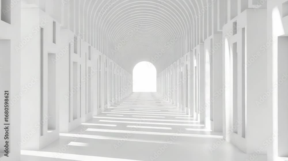 Poster a bright, modern architectural corridor with a vaulted ceiling and rhythmic columns, bathed in sunli