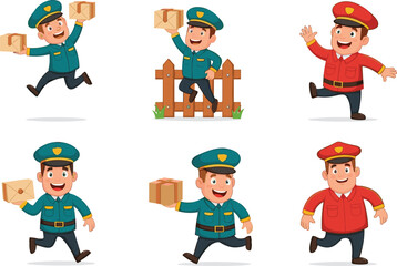 Cartoon postman character set with letters and packages, courier delivery man illustrations for shipping, logistics, communication, and mail service design