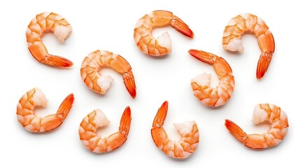 A top-down view of several cooked, peeled shrimp with tails on, arranged on a clean white background, ready to eat.