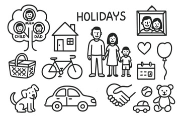 Fototapeta premium Family Holiday Doodles. Hand-drawn doodle illustration nuclear family holidays family tree, parents, children, house, picnic