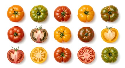 Overhead view of a variety of colorful heirloom tomatoes, whole and sliced, arranged on a white background.