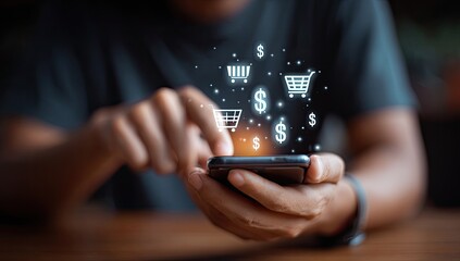 Close-up of hands holding a phone with shopping icons overlayed