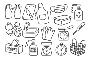 Food Safety Icons. Hand-drawn doodle illustration Food handling gloves rubber gloves, chopping board, knife, vegetables, apron,