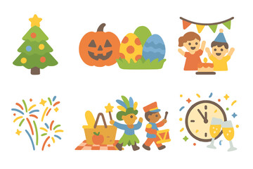 Festive Holiday Icons. Flat vector mini-illustrations holiday scenes in colors children's illustrations: Christmas tree, Halloween