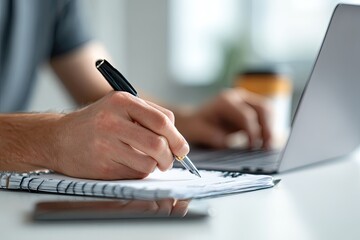 Close-up of person writing in spiral notebook while using laptop