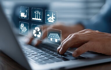Hands on laptop keyboard with sustainable energy icons