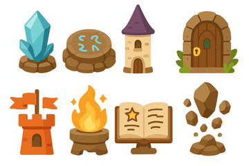 Fantasy Tower Icons. Flat vector mini-illustrations fantasy defense tower in colors children's illustrations: magic crystal,