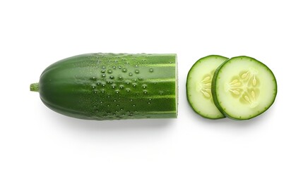 Fresh green cucumber with water droplets and two round slices on a white background, viewed from above.