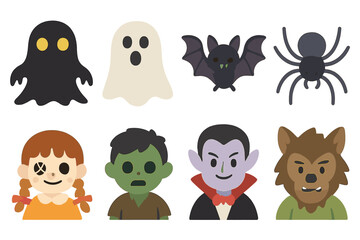 Obraz premium Colorful Monster Icons. Flat vector mini-illustrations terror creatures in colors children's illustrations: shadow monster, ghost,