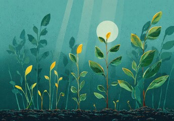 Gentle teal landscape, various stages of plant growth, soft sunlight