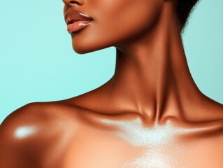 Portrait of a Beautiful Woman with Glossy Skin against a Blue Background Emphasizing Grace and Elegance