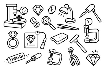 Gemstone Cutting Tools. Hand-drawn doodle illustration gemstone cutting faceting machine, gemstone, polishing wheel, loupe,
