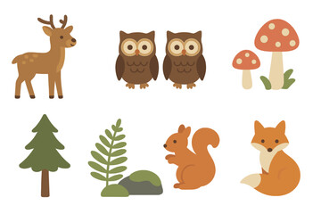 Naklejka premium Forest Creature Icons. Flat vector mini-illustrations forest sanctuary in colors children's illustrations: deer, owls, mushrooms,