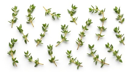 Fresh green thyme sprigs scattered on a clean white background, showcasing aromatic herbs for cooking.