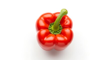 Vibrant red bell pepper with green stem on a clean white background, viewed from above.