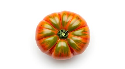 A vibrant, striped heirloom tomato with red and green patterns, viewed from above on a clean white background.